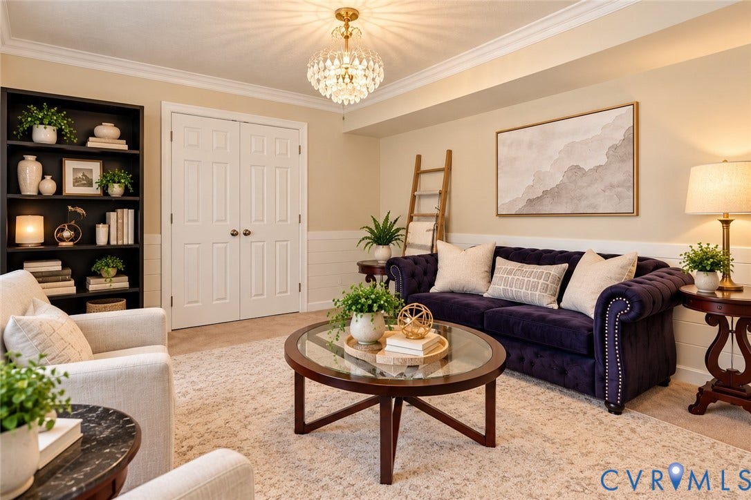 Recessed ceiling with crown molding, wall-mounted light fixture, shiplap wall. VIRTUALLY STAGED  treatment, double panel doors, and carpet flooring