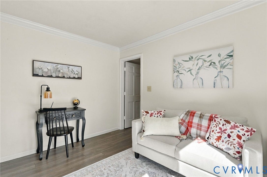 Wood-finish flooring with crown molding