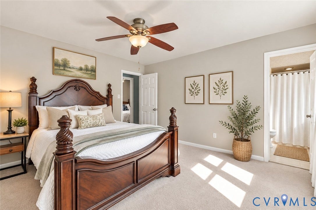Wall-to-wall carpeting with an overhead ceiling fan, VIRTUAL STAGING