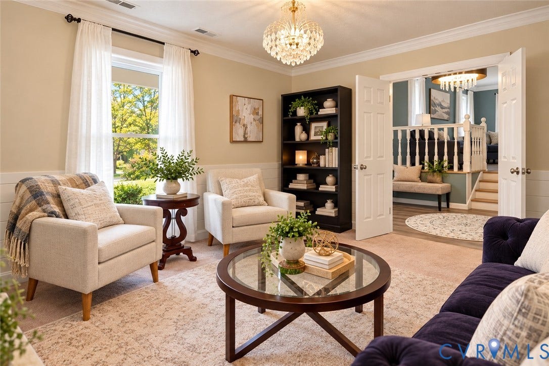 Recessed lighting and a decorative chandelier illuminate this room, VIRTUALLY STAGED