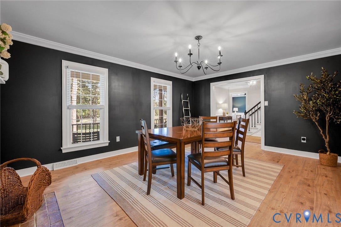 13800 W Salisbury Road, Salisbury, Midlothian, VA 23113 Hardwood-style flooring, crown molding, white trim, recessed entry, and an overhead chandelier