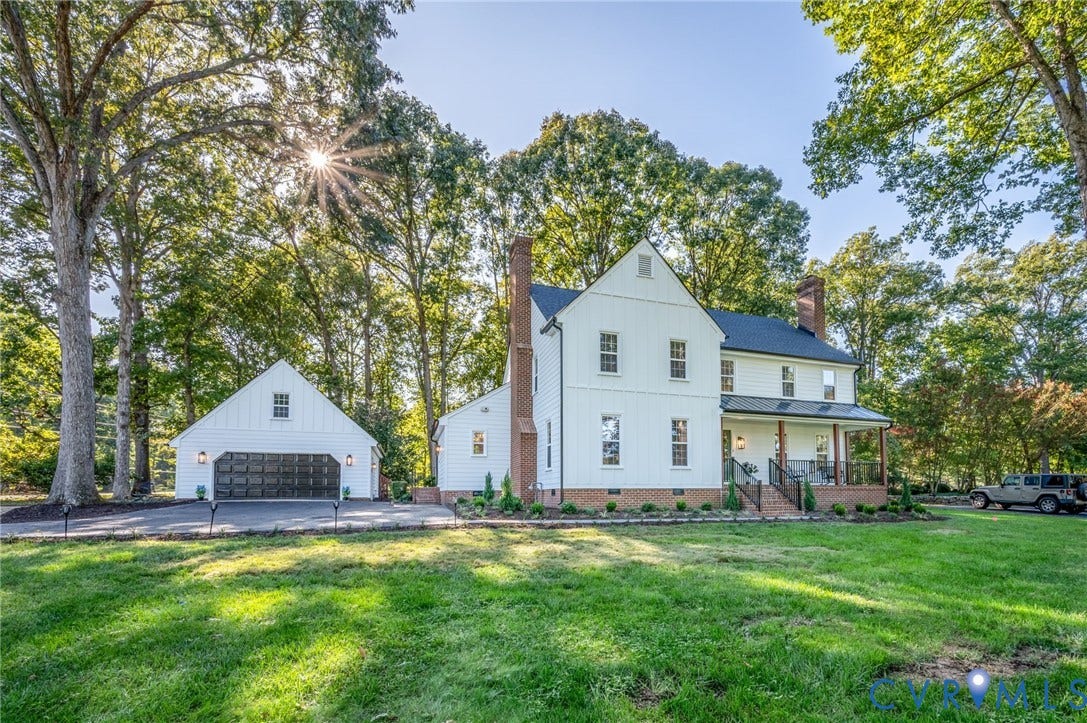 13800 W Salisbury Road, Salisbury, Midlothian, VA 23113 White clapboard exterior with dark shingle roofing, a brick chimney, and a full-width covered porch