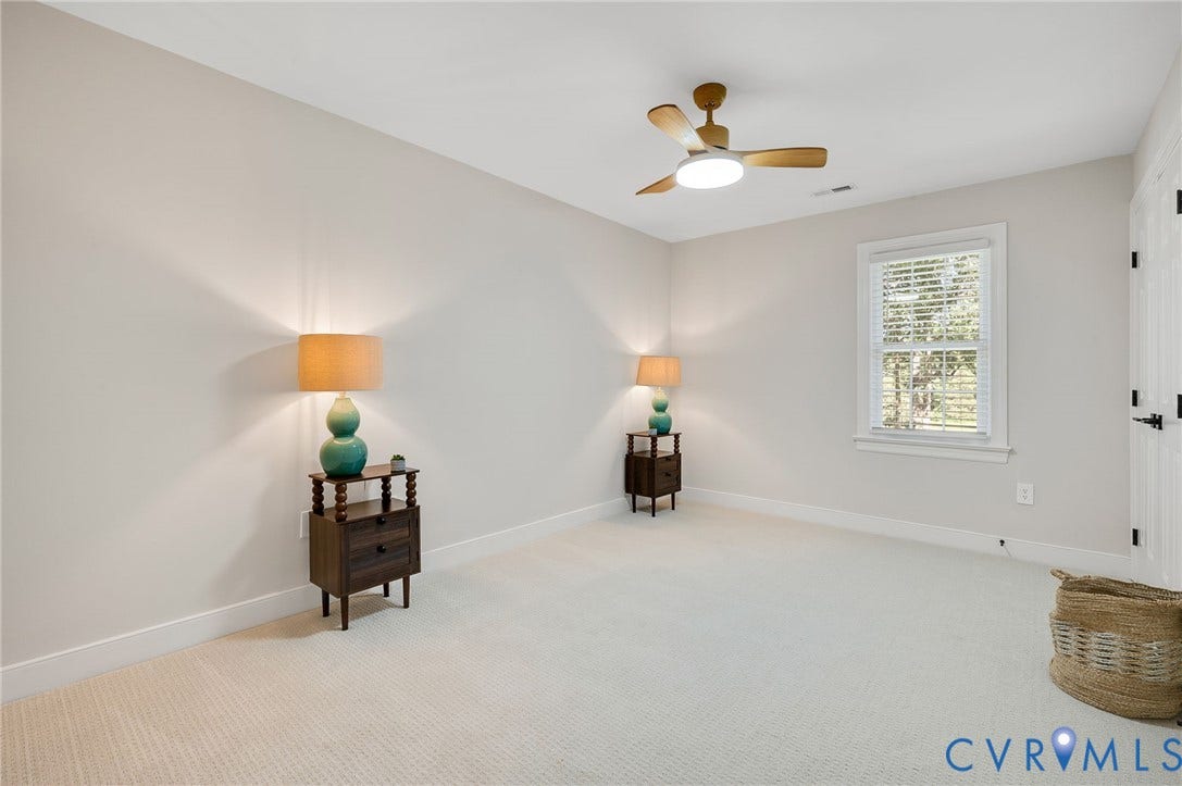 13800 W Salisbury Road, Salisbury, Midlothian, VA 23113 Neutral wall paint, ceiling fan with integrated lighting, window with blinds, and white trim