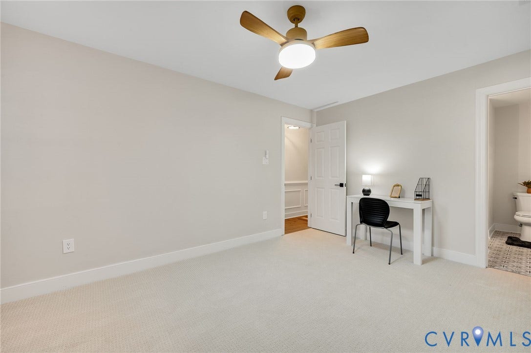13800 W Salisbury Road, Salisbury, Midlothian, VA 23113 Light-colored carpeting, neutral wall paint, and a ceiling fan with integrated lighting
