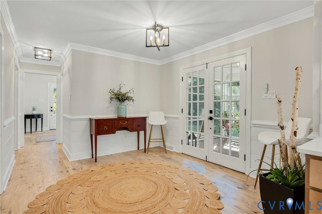 13800 W Salisbury Road, Salisbury, Midlothian, VA 23113 Wood-finish flooring, white paneling, French doors, crown molding, and contemporary flush mount lighting
