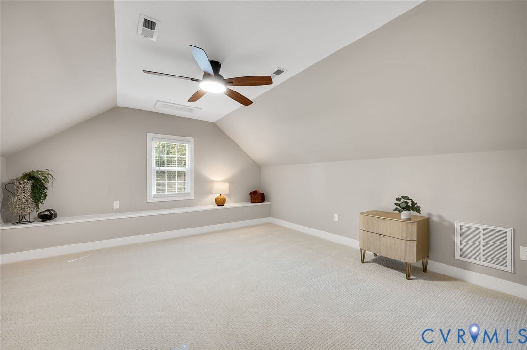 13800 W Salisbury Road, Salisbury, Midlothian, VA 23113 Sloped ceilings with a ceiling fan light fixture, recessed window, built-in shelving, and light-toned carpet