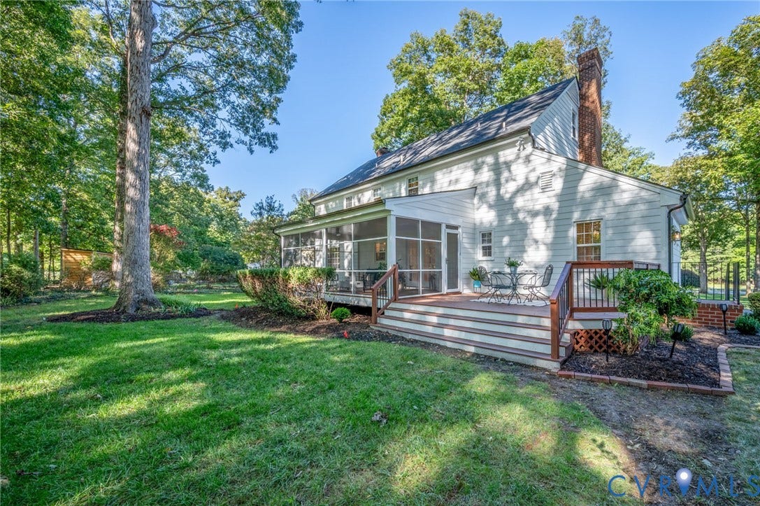 13800 W Salisbury Road, Salisbury, Midlothian, VA 23113 White clapboard exterior with an attached screened porch, a wood-finish deck, and a brick chimney