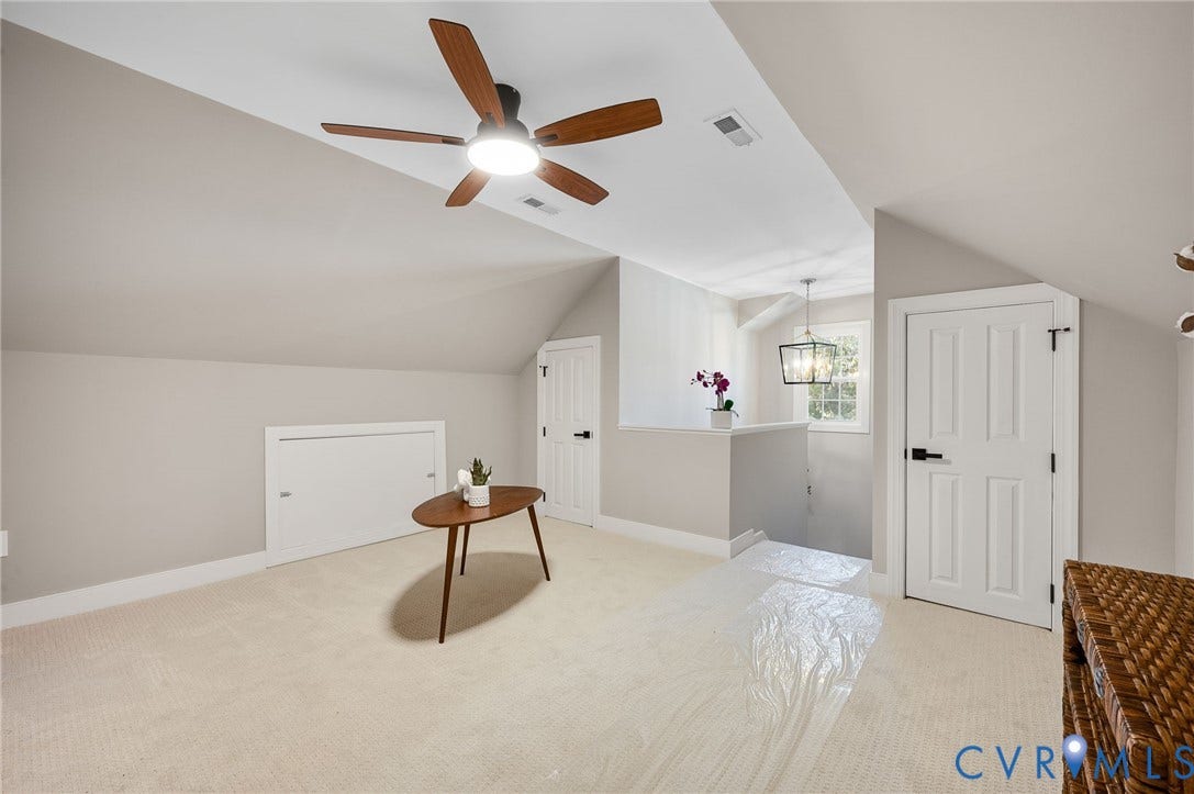 13800 W Salisbury Road, Salisbury, Midlothian, VA 23113 Carpeted flooring, vaulted ceiling, wood-finish ceiling fan, recessed lighting, and a paneled door with black hardware
