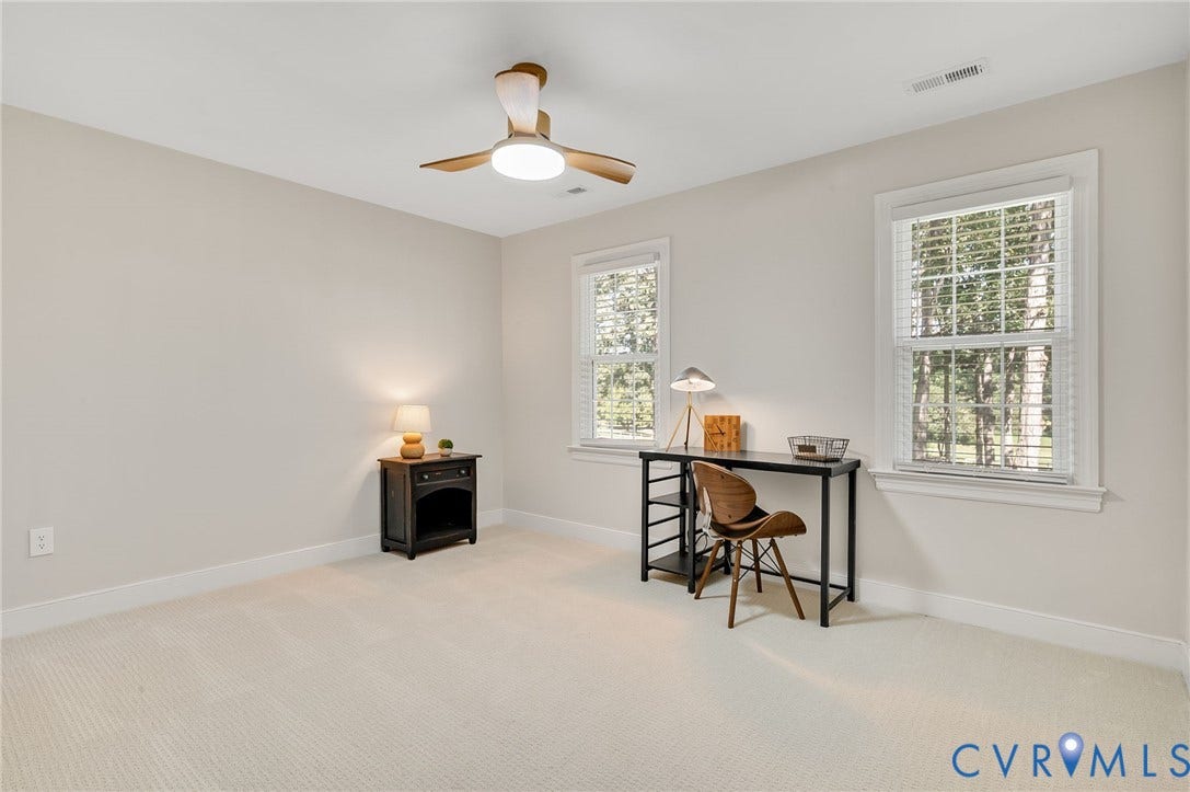 13800 W Salisbury Road, Salisbury, Midlothian, VA 23113 Neutral-toned walls, two windows with white blinds, and a ceiling fan with integrated lighting