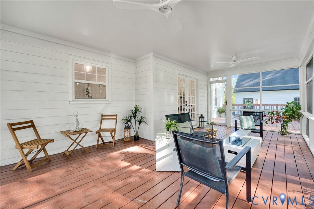 13800 W Salisbury Road, Salisbury, Midlothian, VA 23113 Spacious screened porch featuring wood-finish flooring, white shiplap walls, twin ceiling fans, and French doors