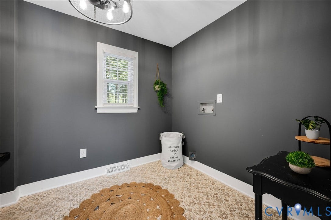 13800 W Salisbury Road, Salisbury, Midlothian, VA 23113 Laundry area with patterned tile flooring, a window offering exterior views, and a ceiling-mounted light fixture