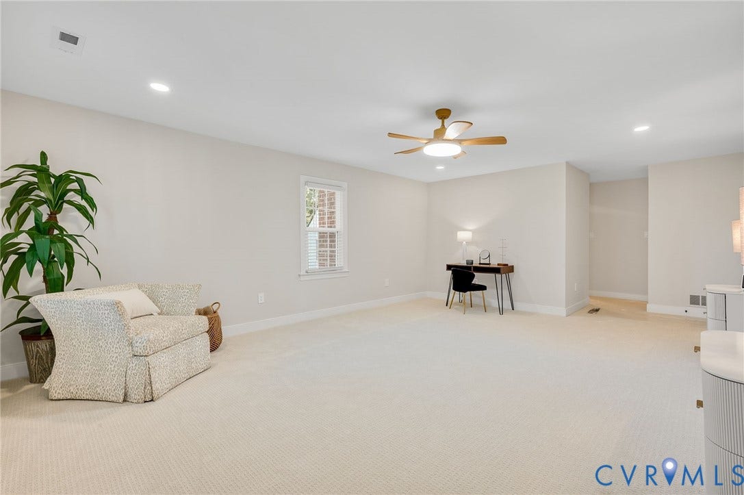 13800 W Salisbury Road, Salisbury, Midlothian, VA 23113 Spacious room featuring neutral carpeting, recessed lighting, and a ceiling fan with integrated lighting