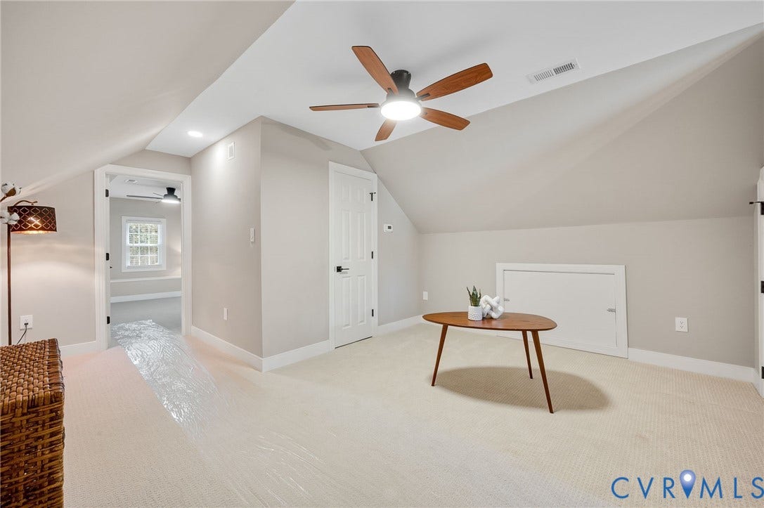 13800 W Salisbury Road, Salisbury, Midlothian, VA 23113 Sloped ceiling design, recessed lighting, ceiling fan, white paneled doors, and light-colored carpeting