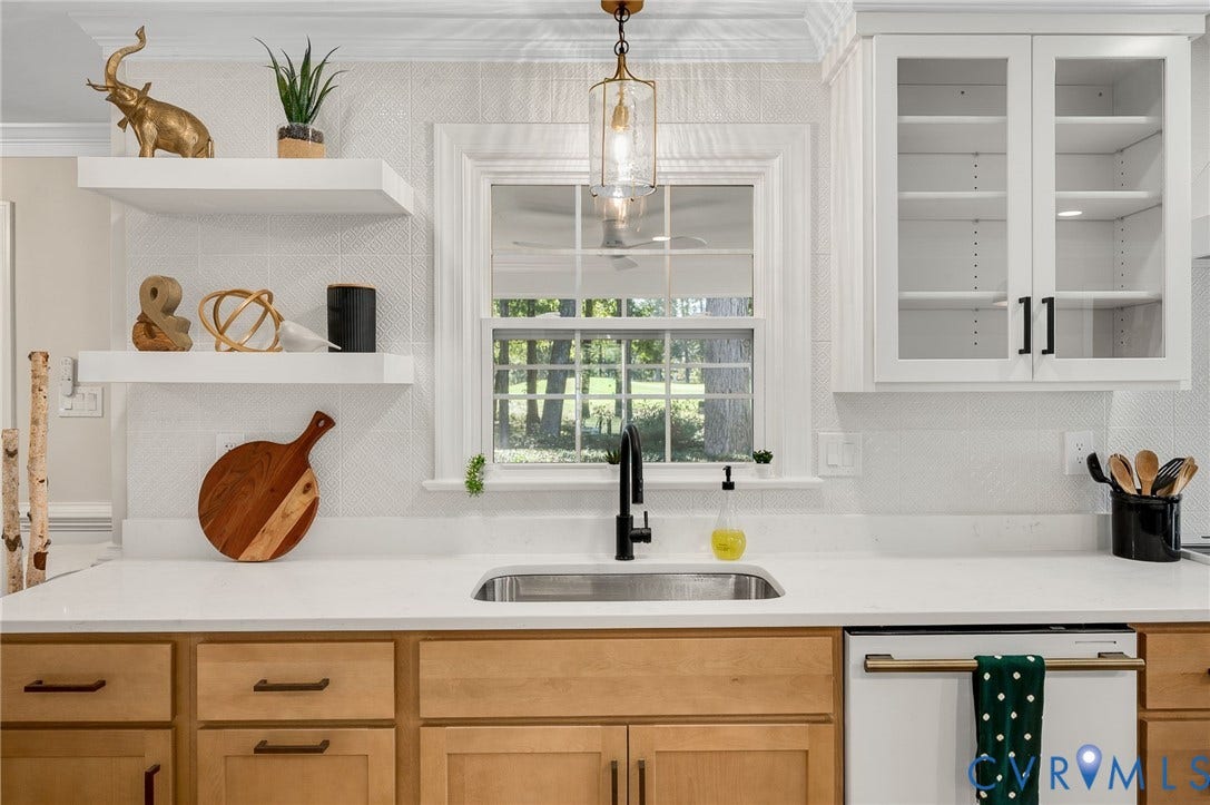 13800 W Salisbury Road, Salisbury, Midlothian, VA 23113 Stainless steel undermount sink with a matte black faucet, framed by white countertops, light wood-finish lower cabinetry, and white upper cabinets