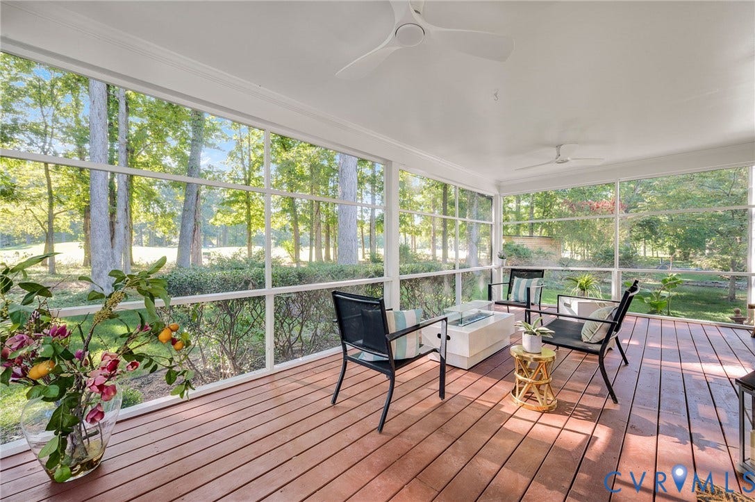 13800 W Salisbury Road, Salisbury, Midlothian, VA 23113 Screened porch with wood-finish flooring, white ceiling fans, and expansive outdoor views