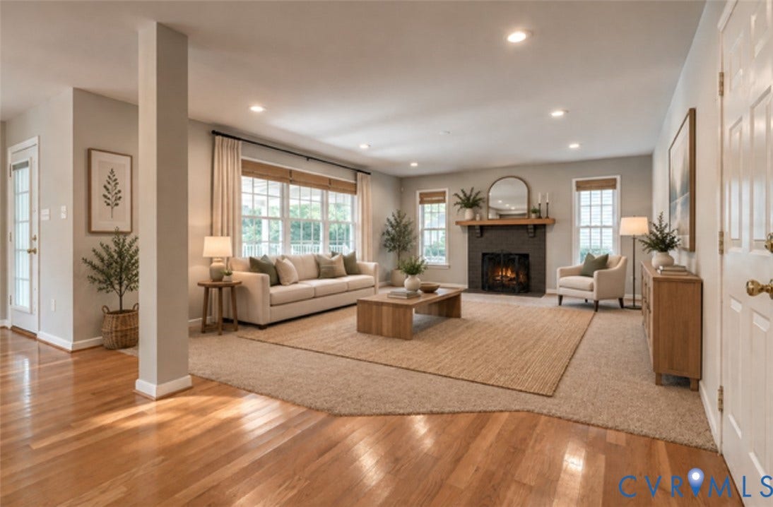 8113 Ainsdale Lane, Chesterfield, VA 23832 Recessed lighting, wood-finish flooring, a fireplace with a stone surround, and multiple windows