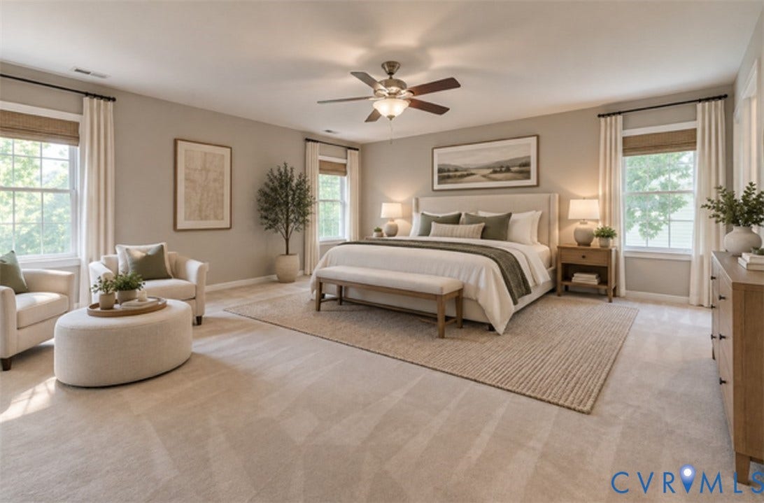 8113 Ainsdale Lane, Chesterfield, VA 23832 Carpeted flooring with an area rug, a ceiling fan with integrated lighting, multiple windows with blinds and drapery, and a neutral wall color