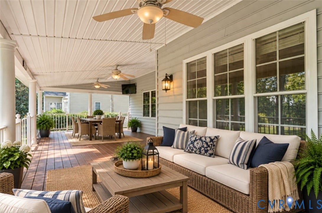 8113 Ainsdale Lane, Chesterfield, VA 23832 Expansive covered patio featuring a wood-finish floor, multiple ceiling fans, and white paneled ceiling