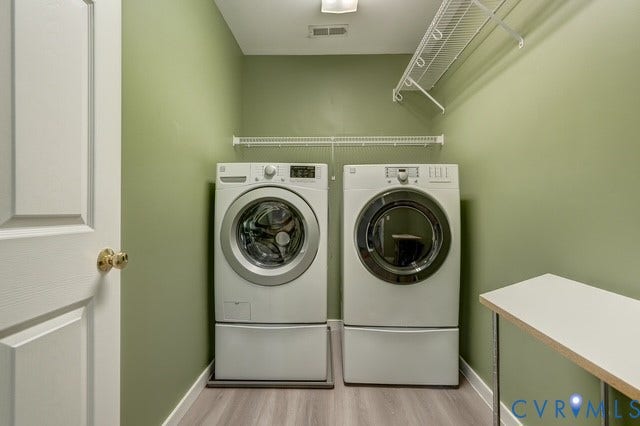 8113 Ainsdale Lane, Chesterfield, VA 23832 Laundry area featuring wood-finish flooring, two large appliances, overhead wire shelving, and a built-in folding counter