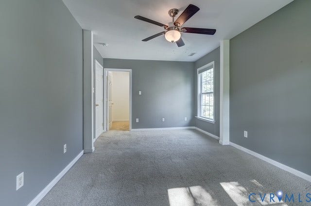 8113 Ainsdale Lane, Chesterfield, VA 23832 Neutral-toned walls, ceiling fan with integrated lighting, carpeted flooring, and a double-hung window