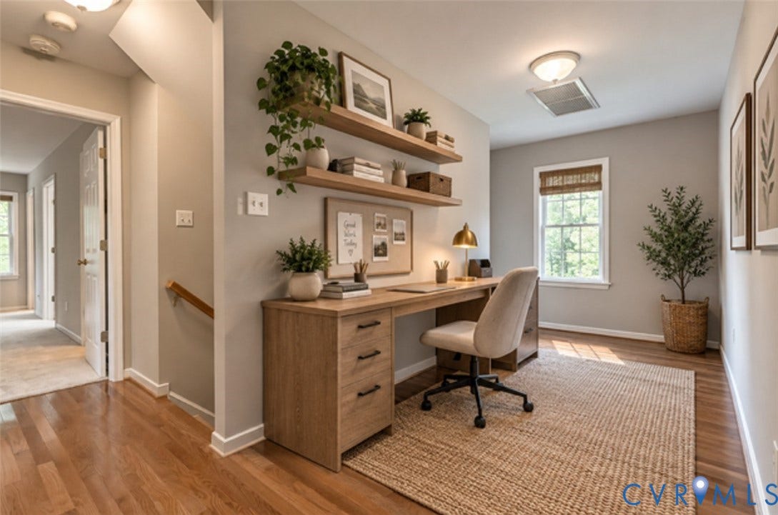 8113 Ainsdale Lane, Chesterfield, VA 23832 Hardwood flooring throughout, a built-in wood-finish desk, and floating wood shelves