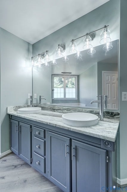8113 Ainsdale Lane, Chesterfield, VA 23832 Double vanity with gray cabinetry, vessel sinks, chrome fixtures, and a large wall-mounted mirror