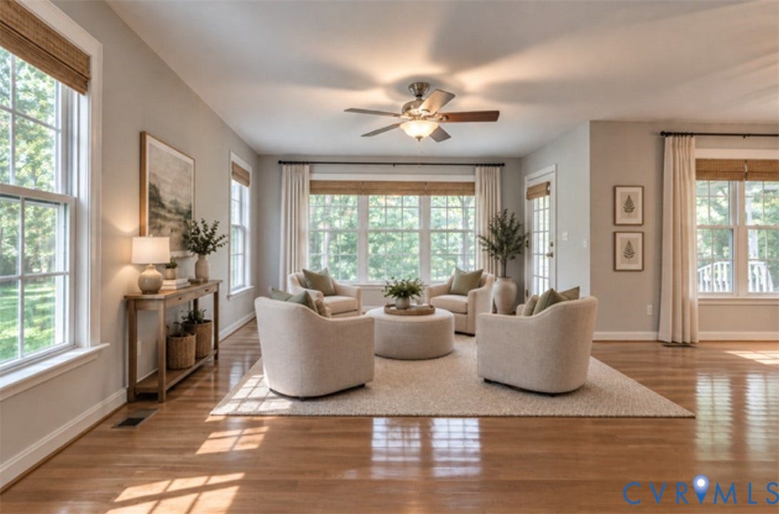 8113 Ainsdale Lane, Chesterfield, VA 23832 Hardwood flooring throughout, abundant natural light from multiple windows, ceiling fan with integrated lighting, recessed lighting, and a white paneled door