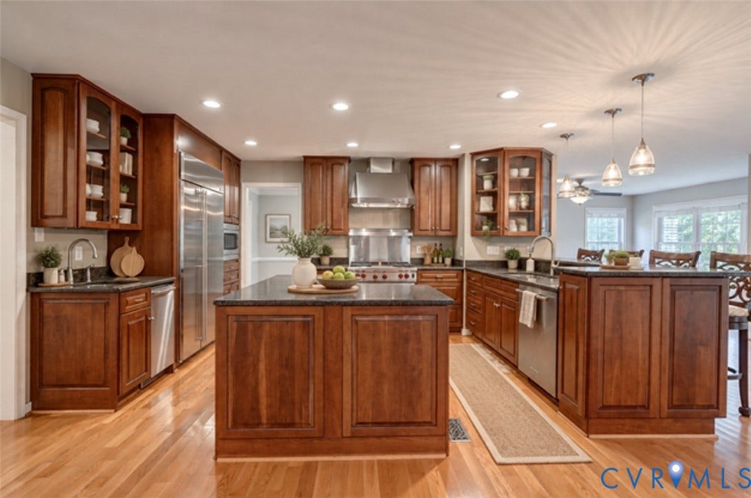 8113 Ainsdale Lane, Chesterfield, VA 23832 Kitchen featuring wood-finish flooring, dark countertops, full-height cabinetry, stainless steel appliances, and recessed lighting
