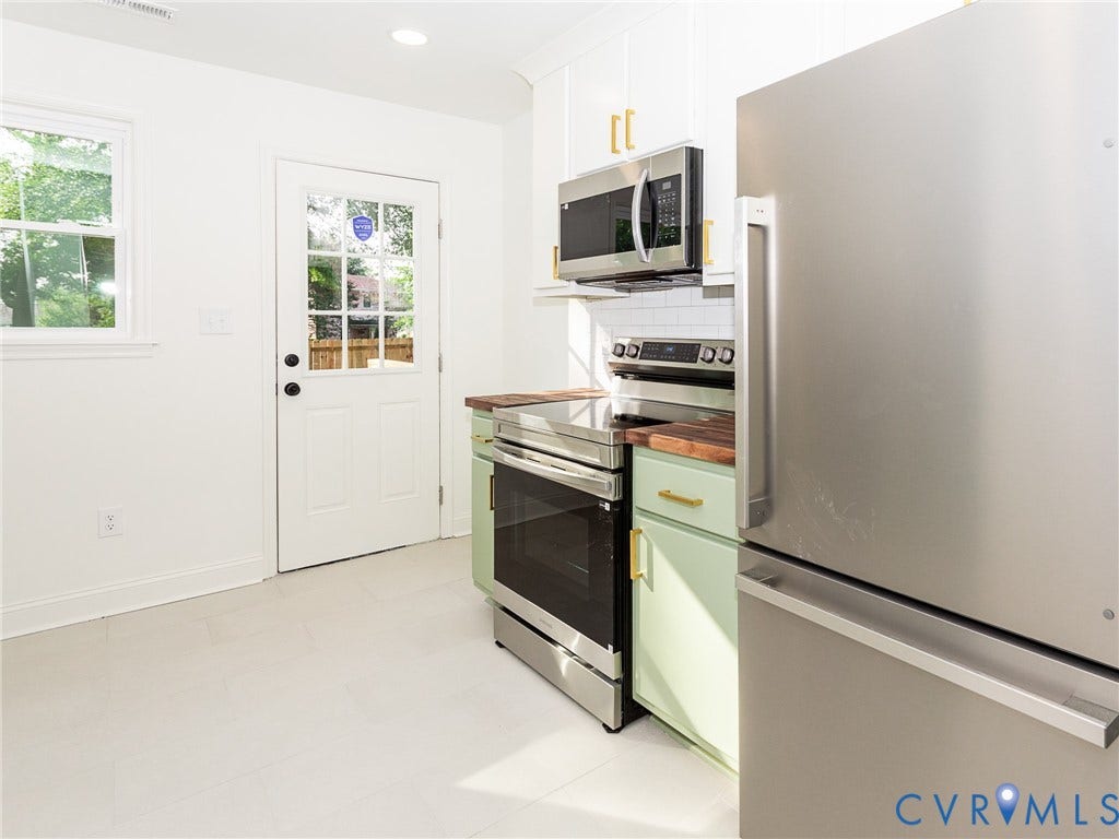 1601 N 25th Street, Richmond, VA 23223 White flat-panel cabinetry, stainless steel appliances, wood-finish countertops, subway tile backsplash, and light-colored flooring