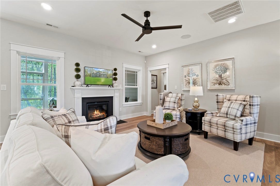 9143 Terroir Lane, Villas, New Kent, VA 23124 Living space featuring wood-finish flooring, a ceiling fan, recessed lighting, and a fireplace with a mantel