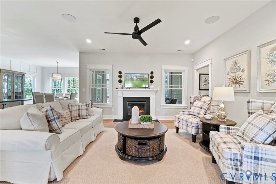 9143 Terroir Lane, Villas, New Kent, VA 23124 Living room with a fireplace, recessed lighting, and a ceiling fan