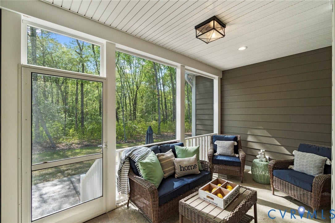 9143 Terroir Lane, Villas, New Kent, VA 23124 Screened porch with horizontal siding, a paneled ceiling, and a geometric flush mount light fixture