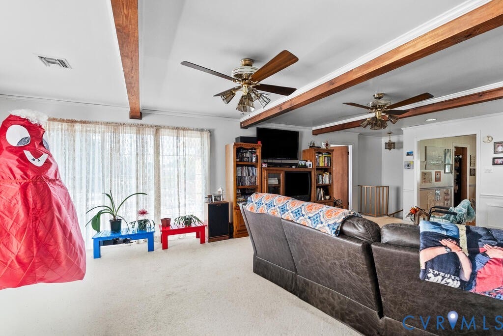 21 Vanderpool Lane, Detached, Cumberland, VA 23040 Exposed wood beams, ceiling fans, and a large window with sheer curtains