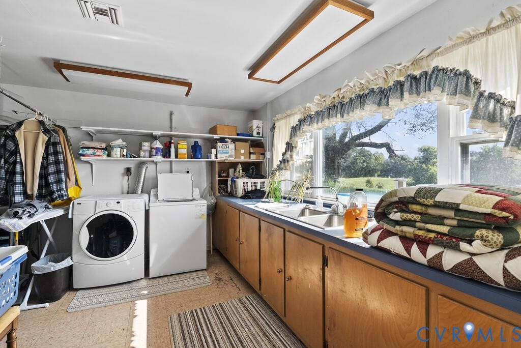 21 Vanderpool Lane, Detached, Cumberland, VA 23040 Utility room featuring integrated cabinetry, dual basin sink, window, shelving, and overhead lighting