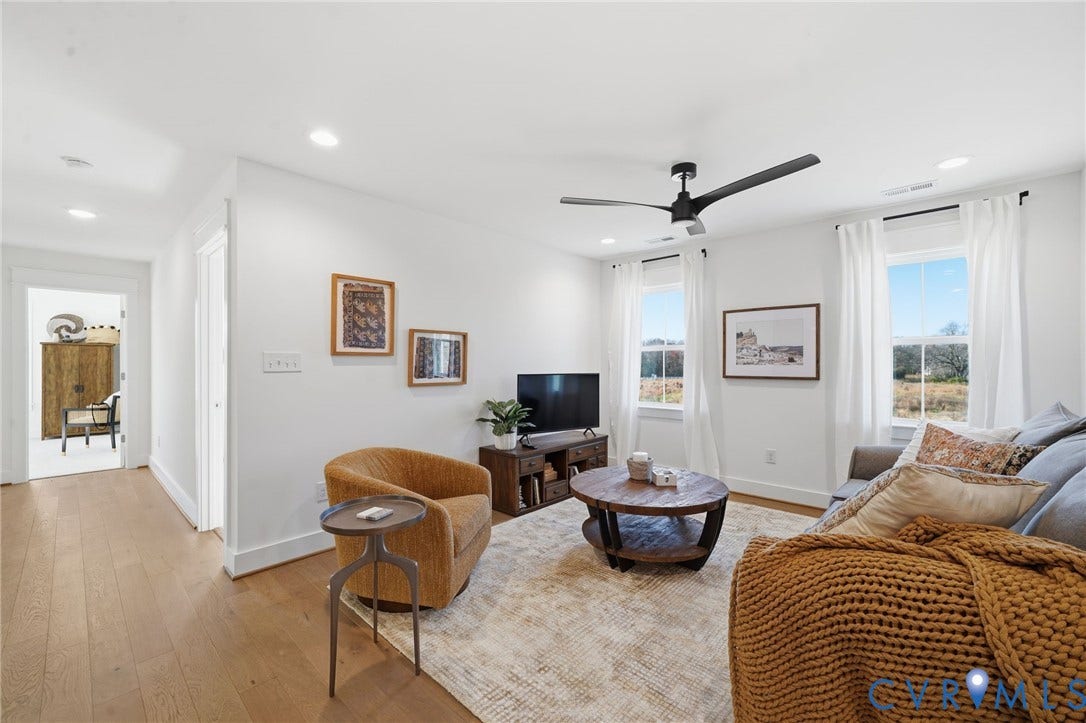 9169 Terroir Lane, Villas, New Kent, VA 23124 Recessed lighting, wood-finish flooring, two windows, and a ceiling fan with light fixture