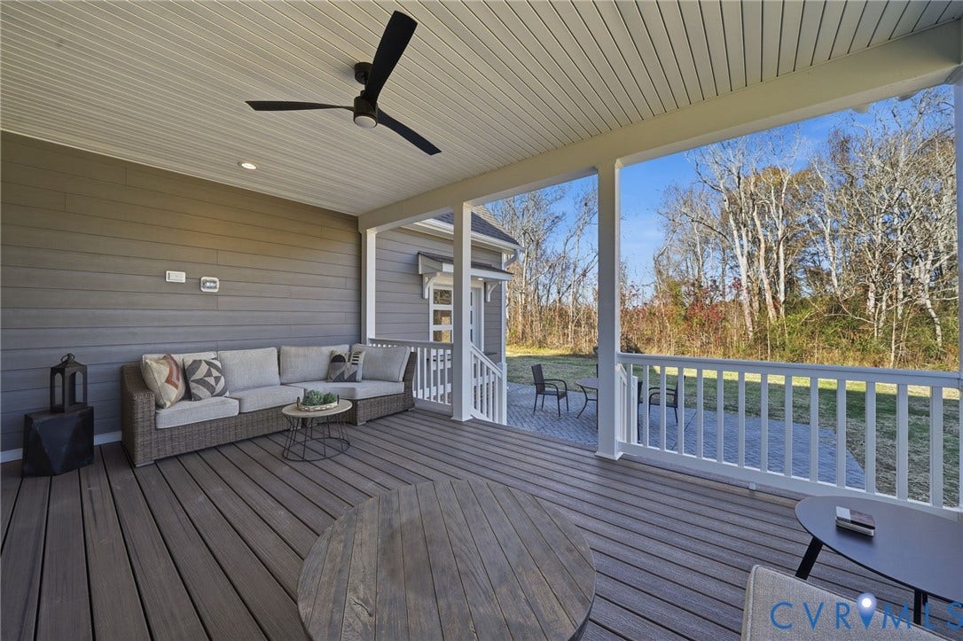 9169 Terroir Lane, Villas, New Kent, VA 23124 Covered porch featuring a ceiling fan, recessed lighting, and composite decking