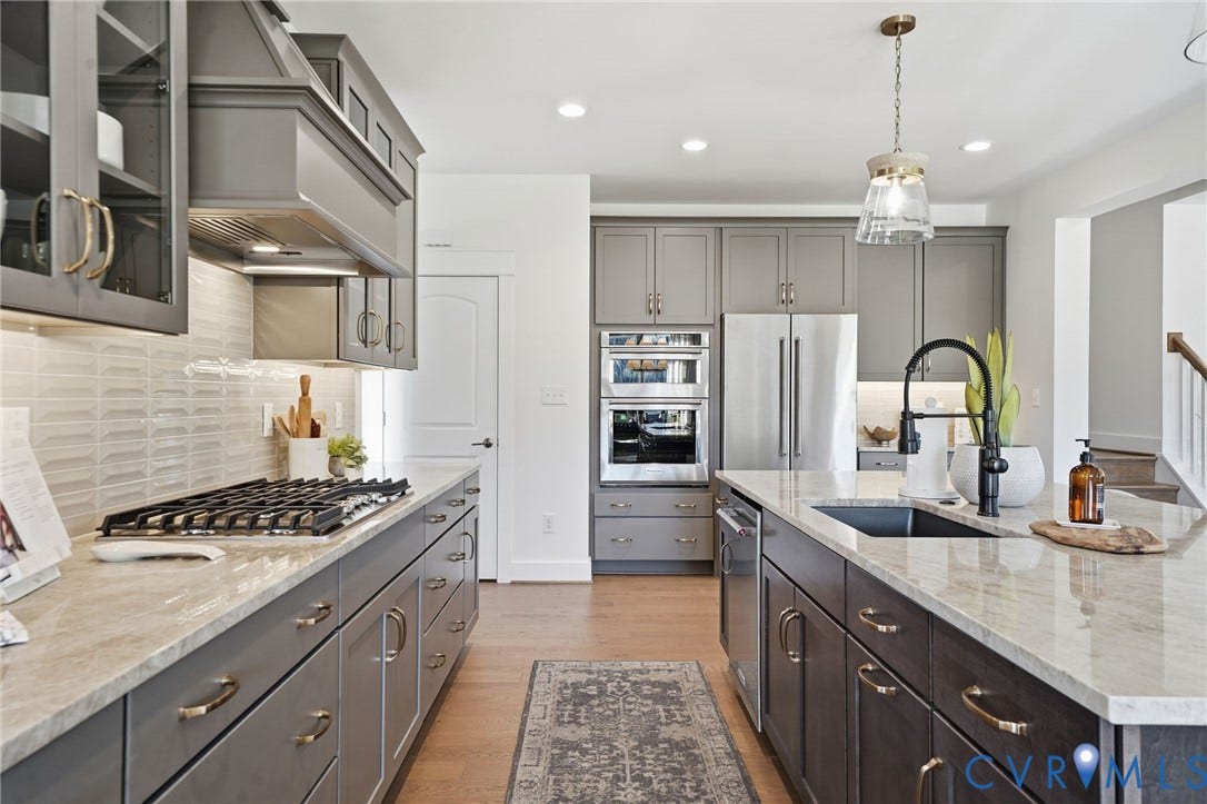 9169 Terroir Lane, Villas, New Kent, VA 23124 Kitchen featuring gray cabinetry, stainless steel appliances, an island with an undermount sink, a gas cooktop, and light-toned countertops