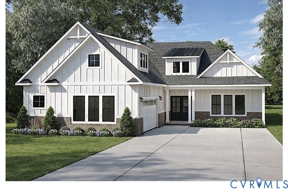 9130 Terroir Lane, Villas, New Kent, VA 23124 Modern farmhouse exterior with white board-and-batten siding, stone accents, and a dark asphalt shingle roof