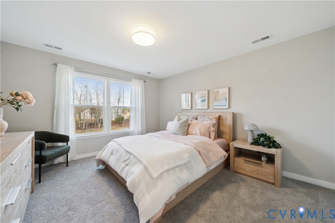 9102 Terroir Lane, Viniterra Villas, New Kent, VA 23124 Light gray wall paint, light-toned wood-finish furniture, and plush gray carpeting