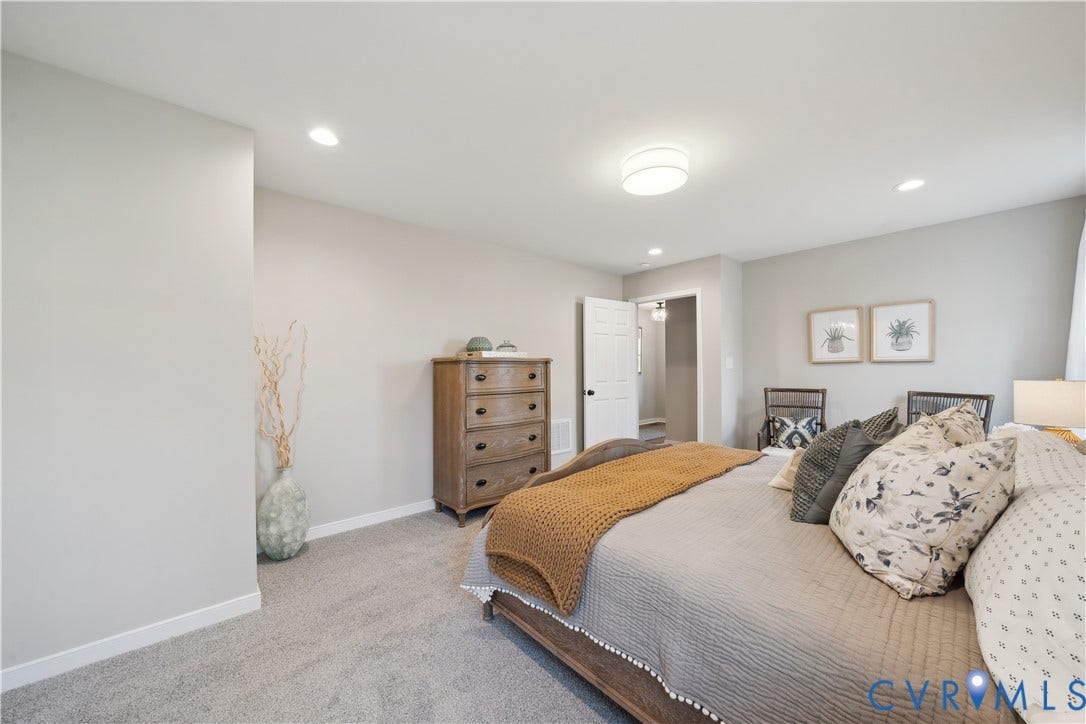 9102 Terroir Lane, Viniterra Villas, New Kent, VA 23124 Recessed lighting, flush-mount ceiling light fixture, neutral wall color, and carpeted flooring