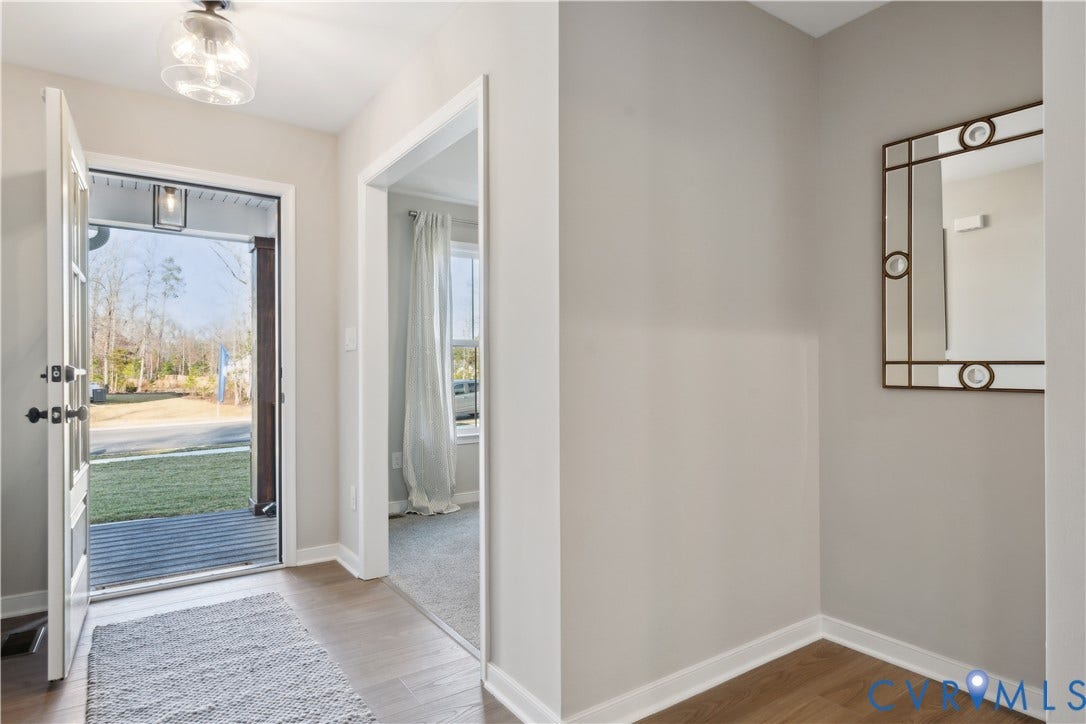 9102 Terroir Lane, Viniterra Villas, New Kent, VA 23124 Entryway featuring wood-finish flooring, a contemporary semi-flush mount light fixture, and a glass-paneled entry door