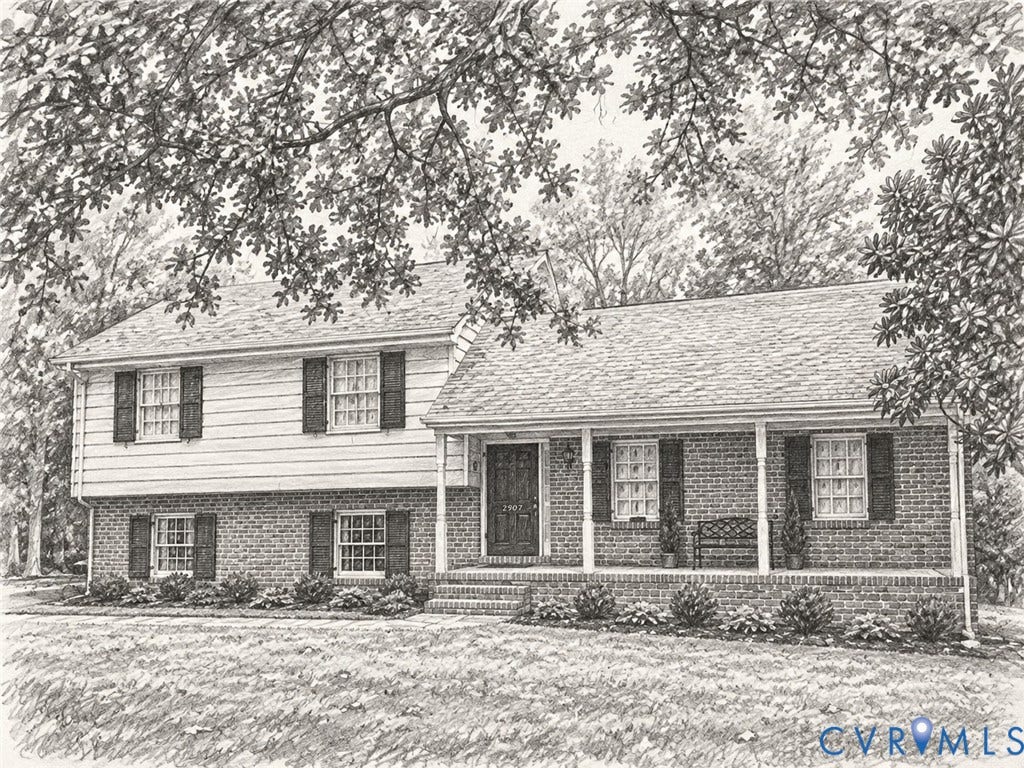 1407 W Monmouth Court, Henrico, VA 23238 Brick and siding exterior with a covered front porch and mature landscaping. Located on an cul de sac street