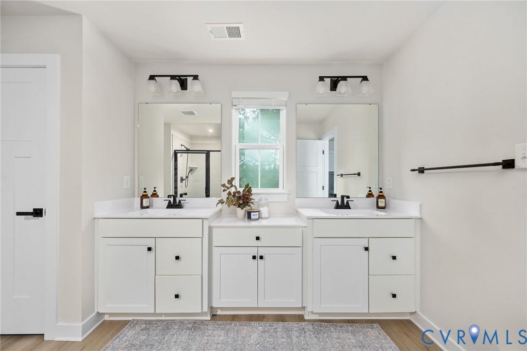 1961 Enon Station Drive, Chester, VA 23836 Dual vanities with white cabinetry, white countertops, and black fixtures