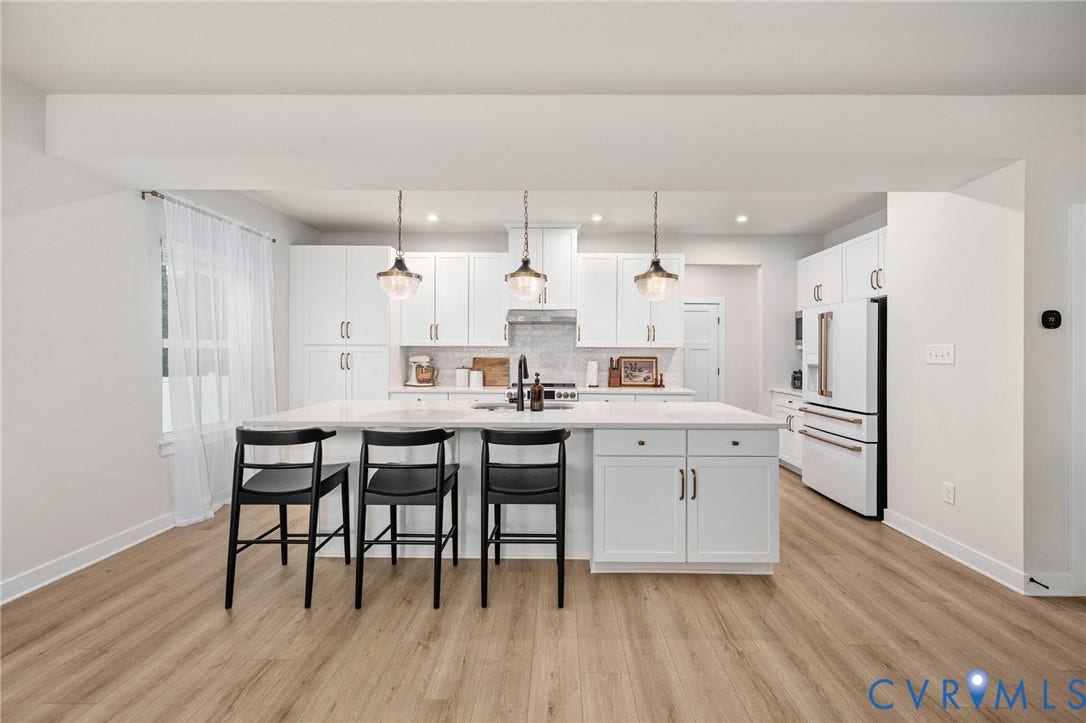 1961 Enon Station Drive, Chester, VA 23836 Contemporary kitchen featuring an expansive center island with seating, white shaker cabinetry, pendant lighting, stainless steel appliances, and wood-finish flooring