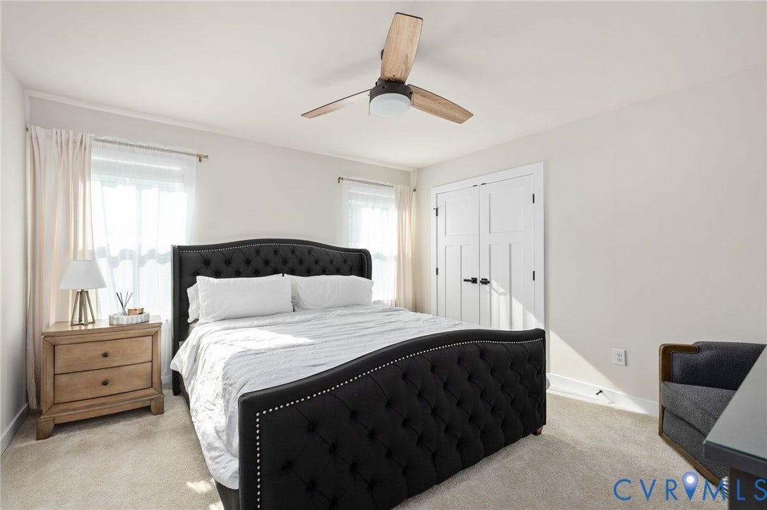 1961 Enon Station Drive, Chester, VA 23836 Ceiling fan with wood-finish blades, white walls, and light-colored carpet