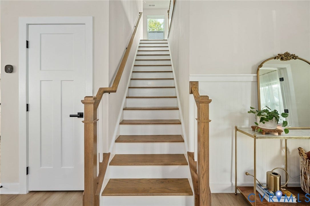 1961 Enon Station Drive, Chester, VA 23836 Wood-finish flooring, white paneling, and a staircase featuring wood treads and a wood handrail