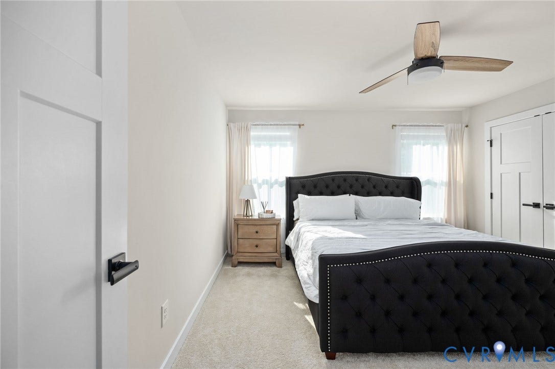 1961 Enon Station Drive, Chester, VA 23836 Neutral wall paint, light-toned carpeting, two panel interior door, contemporary ceiling fan, and dual windows
