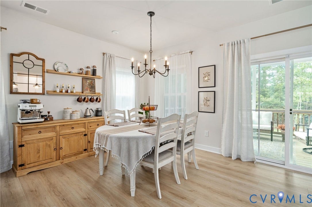 1961 Enon Station Drive, Chester, VA 23836 Wood-finish flooring throughout, a sliding glass door providing outdoor access, and a built-in wooden sideboard with open shelving