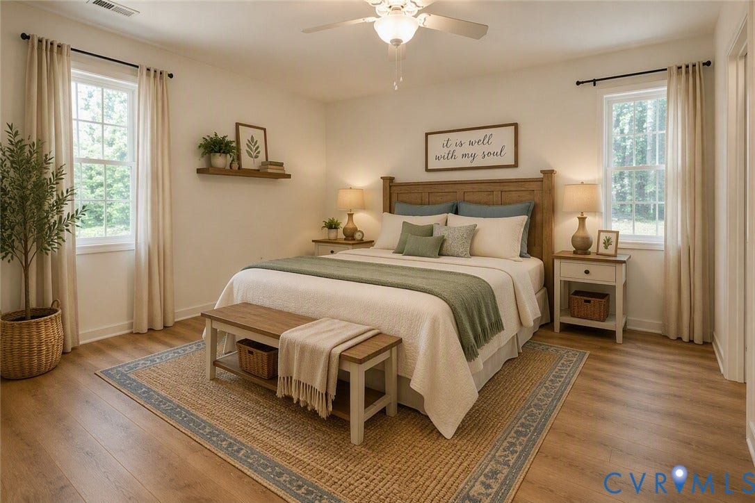 289 Winding Ridge Way, Winding Ridge, Bumpass, VA 23024 Light wood-finish flooring, white walls, two double-hung windows, and a ceiling fan with integrated lighting