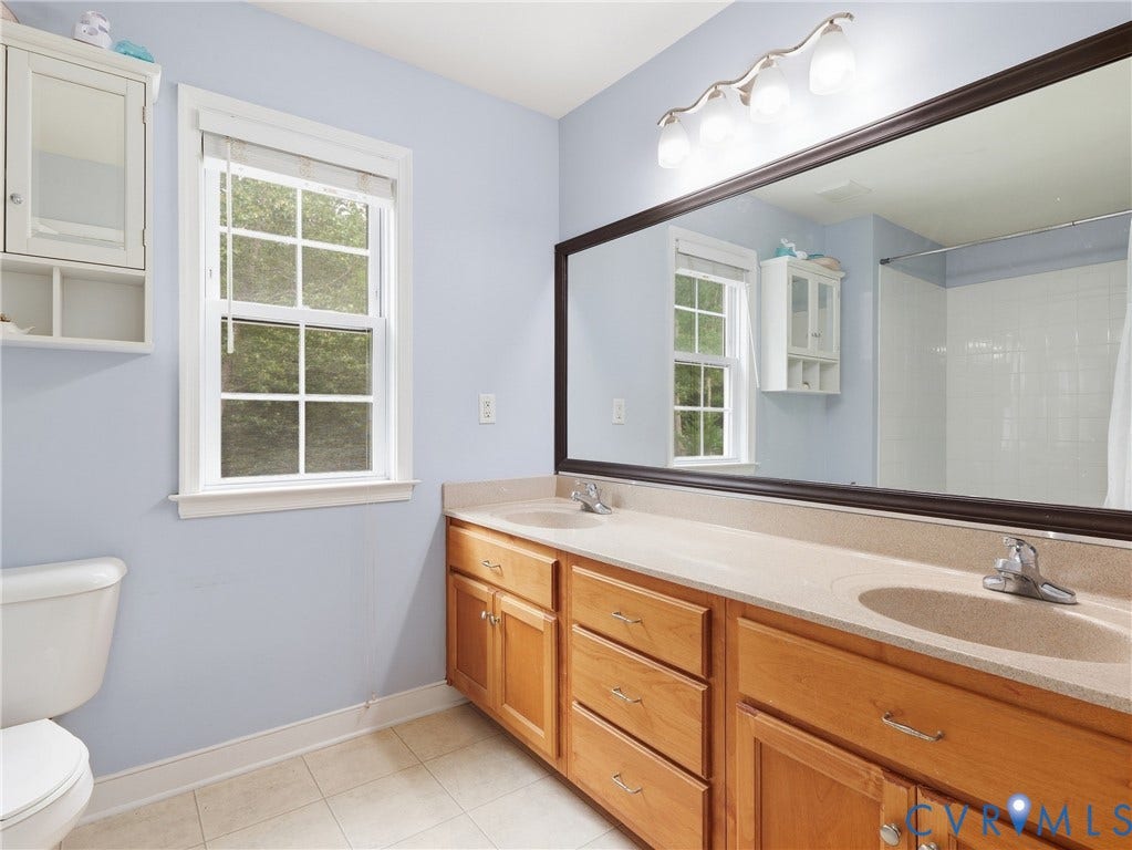 8325 Caroline Vines Way, Estates At Willis Church, Henrico, VA 23231 Dual vanity with integrated sinks, wood-finish cabinetry, and a large framed mirror